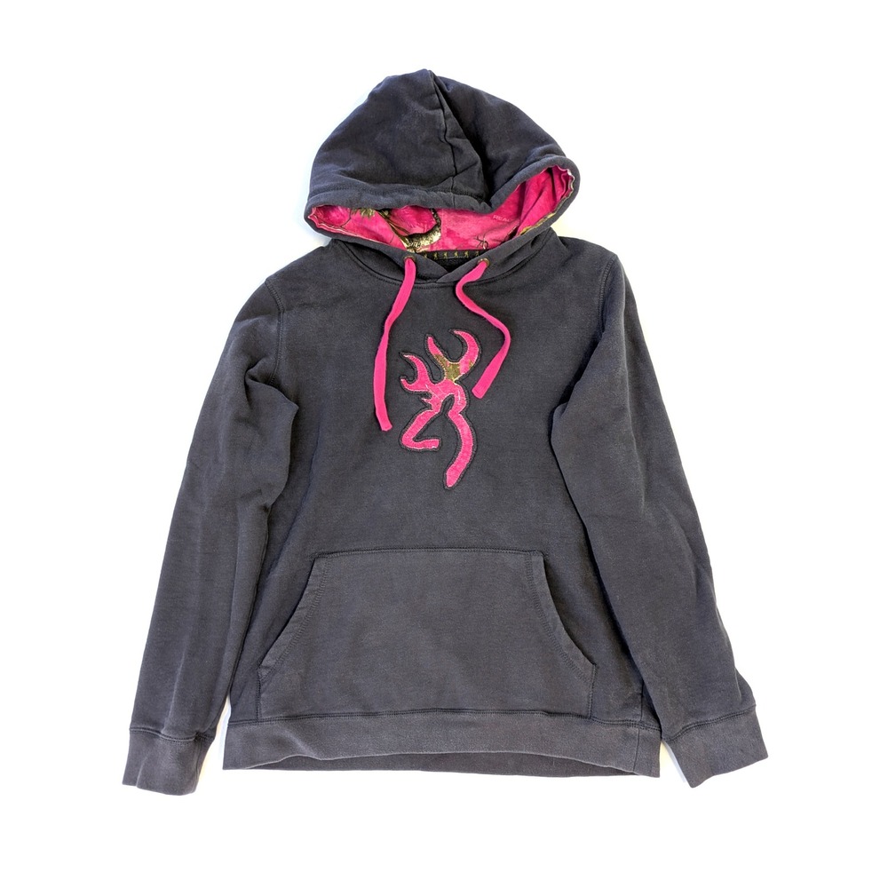 Browning Womens Gray Pink Camo Buckmark Logo Pullover Hoodie Sweatshirt Medium